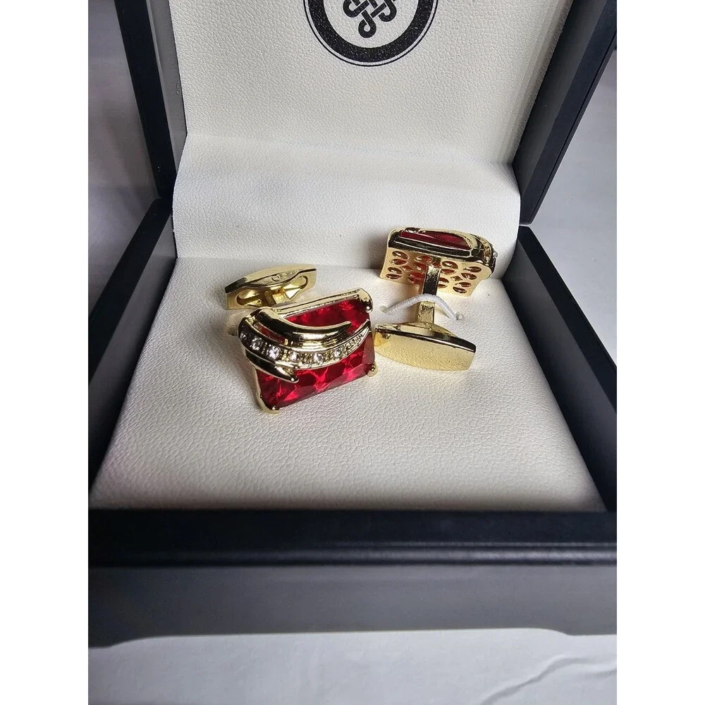 Luxury Red Crystal Rhinestone Square Gold Formal Business Shirt Buttons Cufflink